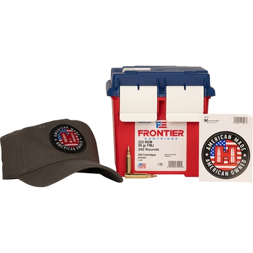 Picture of Hornady Frontier Rifle Ammunition .223 Rem 55gr FMJ 3240 fps 250/ct Loose Ammo Can with Hat/Sticker FR504 090255730579
