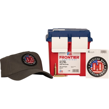 Picture of Hornady Frontier Rifle Ammunition .223 Rem 55gr FMJ 3240 fps 250/ct Loose Ammo Can with Hat/Sticker FR504 090255730579