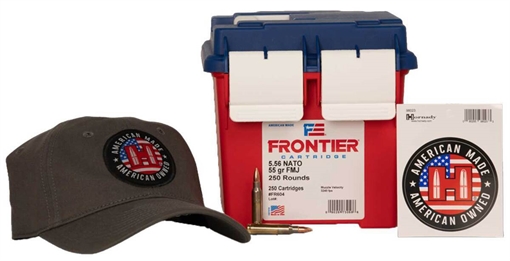 Picture of Hornady Frontier 250th Anniversary Ammo Can Combo 5.56X45 NATO 55gr FMJ 3240 fps 250/ct w/ Hat and Sticker FR604 090255730586