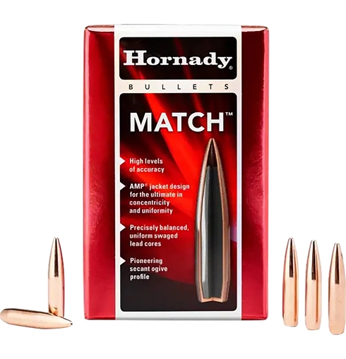 Picture of Hornady Match 6.5mm .264 140 gr Hollow Point Boat Tail Match 100 Per Box/ 15 Case 26335