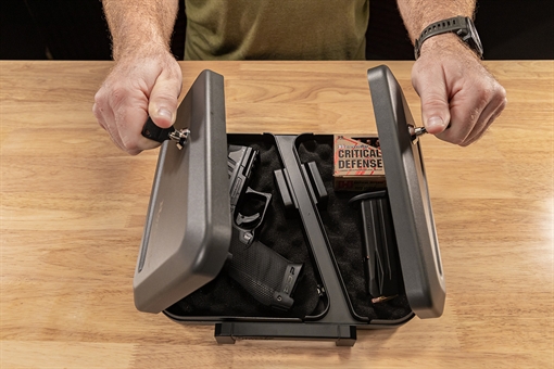 Picture of Hornady Dual-Lid Lock Box, Foam Interior, 2 Keyed Alike Locks, 11"x10"x2" Exterior Dimensions, Includes Steel Security Cable 95229