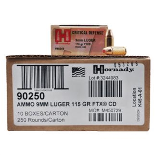 Picture of Hornady Critical Defense FTX Handgun Ammunition 9mm Luger 115gr PT 1140 fps 250/ct Case (10-25/ct Boxes) 90250 CASE