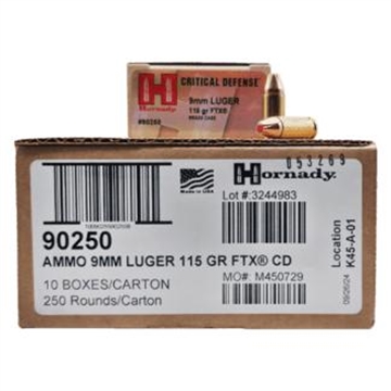 Picture of Hornady Critical Defense FTX Handgun Ammunition 9mm Luger 115gr PT 1140 fps 250/ct Case (10-25/ct Boxes) 90250 CASE