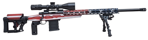 Picture of Howa USA 1500, Bolt Action Rifle, 6.5 Creedmoor, 24" Heavy Threaded Barrel, Cerakote Finish, Red/White/Blue, APC Chassis, Right Hand, 10 Rounds, Includes Nikko Stirling Diamond Long Range 4-16X50mm Optic, 3 Magazines, 2 Grips and Bipod HCRA72507USKMDT