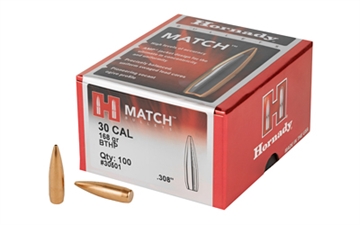 Picture of Hornady Match 30 Cal .308 168 gr Hollow Point Boat Tail Match 100 Per Box/ 15 Case 30501