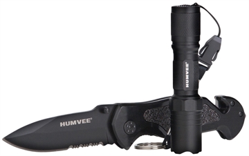Picture of Humvee Adventure Gear Rescue Combo 3.25" Folding Spear Point Part Serrated Stainless Steel Blade Black Aluminum Handle Features Glass Breaker/Pocket Clip/Seatbelt Cutter HMVKCER1