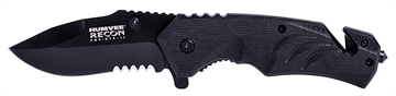 Picture of Humvee Adventure Gear Tactical Recon 3" Folding Drop Point Part Serrated Black Stainless Steel Blade/Black Textured Features Glass Breaker/Seat Belt Cutter Includes Pocket Clip HMVKTR15