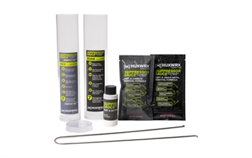 Picture of HUXWRX Safety Company Suppressor Sauce Cleaning Kit, Multi Color, Includes Mix & Extraction Wire Tool, Mix Bottle, Soak Bottle with Lid, One Packet of Part A: Carbon Removal Formula, One Bottle of Part A: Activator, One Packet of Part B: Heavy Metal Removal Formula 3202