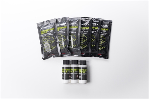 Picture of HUXWRX Safety Company Suppressor Sauce Refill Kit, For use with the Suppressor Sauce Cleaning Kit, Includes Three (3) Packets of Part A:Carbon Removal Formula, Three (3) Bottles of Part A:Activator, and Three (3) Packets of Part B:Heavy Metal Removal Formula 3203
