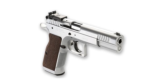 Picture of Tanfoglio IFG TF-LIMPRO-9 Defiant Limited Pro 9mm Luger Caliber with 4.80" Barrel, 19+1 Capacity, Overall Hard Chrome Finish Steel, Beavertail Frame, Serrated Slide & Brown Polymer Grip TFLIMPRO9