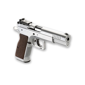 Picture of Tanfoglio IFG TF-LIMPRO-9 Defiant Limited Pro 9mm Luger Caliber with 4.80" Barrel, 19+1 Capacity, Overall Hard Chrome Finish Steel, Beavertail Frame, Serrated Slide & Brown Polymer Grip TFLIMPRO9