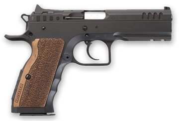 Picture of Tanfoglio IFG Defiant Stock I 9mm Luger Caliber with 4.50" Barrel, 16+1 Capacity, Overall Black Finish Steel, Picatinny Rail/Beavertail Frame, Serrated Slide & Wood Grip TFSTOCKI9