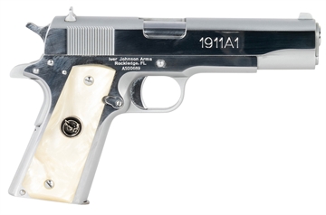 Picture of Iver Johnson Arms 38 Super 8+1 5" Stainless Steel Barrel, Bright Polish Chrome Serrated Stainless Steel Slide, Pearl Grips 1911A138CHRWP