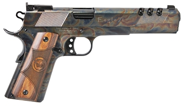 Picture of Iver Johnson Arms Eagle XL Full Size Frame 10mm Auto 8+1 6" Black Ported Barrel, Color Case Hardened Serrated Steel Slide & Frame w/Beavertail, Diamondwood Walnut w/Integrated Logo Grip EAGLEXL10CC