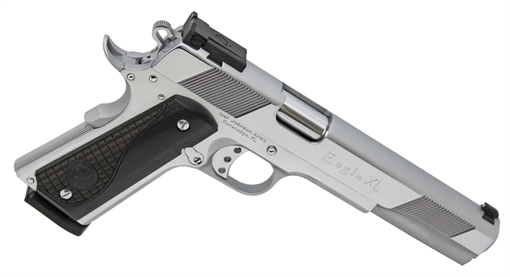 Picture of Iver Johnson Arms Eagle XL 45 ACP 8+1 6" Steel Barrel, Bright Chrome High Polished Long/Serrated Steel Slide & Frame w/Beavertail, Diamondwood Walnut w/Integrated Logo Grip, Right Hand EAGLEXLC45