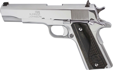 Picture of Iver Johnson Arms 1911 A1 Government 70 Series 38 Super 9+1 5" Bright Polish Chrome Serrated Steel Slide & Frame w/Beavertail, Black Dual Textured Diamondwood Grip, Right Hand 1911A138CHRW