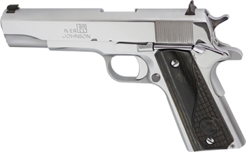 Picture of Iver Johnson Arms 1911 A1 45 ACP 8+1 5" Stainless Steel Barrel, Bright Polish Chrome Serrated Steel Slide & Frame w/Beavertail, Black Diamondwood Grip 1911CHRW