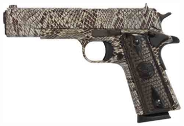 Picture of Iver Johnson Arms 1911 A1 Copperhead 45 ACP 8+1 5" Black Steel Barrel, Tan Snakeskin Hydrographic Serrated Steel Slide & Frame w/Beavertail, Black Snakeskin Diamondwood Grip 1911A1COPPERHEAD