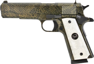 Picture of Iver Johnson Arms 1911 A1 Water Moccasin 45 ACP 8+1 5" Black Steel Barrel, Green Snakeskin Hydrographic Serrated Steel Slide & Frame w/Beavertail, White Synthetic Pearl Grip 1911A1WATERMOCCASIN