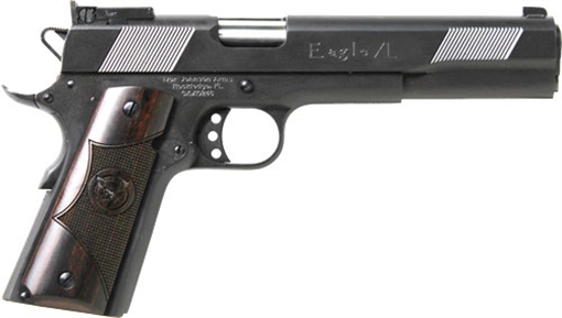 Picture of Iver Johnson Arms Eagle XL Full Size Frame 10mm Auto 8+1 6" Steel Barrel, Black Cerakote Serrated Steel Slide, Matte Blued Steel Frame w/Beavertail, Diamondwood Walnut w/Integrated Logo Grip EAGLEXL10