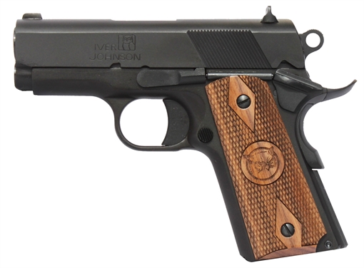 Picture of Iver Johnson Arms Thrasher Officer 9mm Luger 8+1 3.12" Black Steel Barrel, Matte Black Serrated Steel Slide & Frame w/Beavertail, Walnut Grip THRASHER9