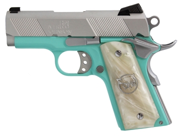 Picture of Iver Johnson Arms 1911 Thrasher Officer 70 Series 9mm Luger 3.13" 8+1 Tiffany Blue Cerakote Silver Cerakote White Synthetic Pearl Grip THRASHERTB9