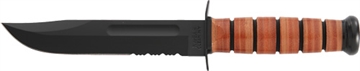 Picture of Ka-Bar USMC Fight/Utility 7" Fixed Clip Point Part Serrated Black 1095 Cro-Van Blade. Brown Leather Handle. Includes Sheath 1218