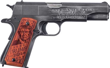 Picture of Auto Ordnance 1911, Trump Saves America, Semi-automatic, Metal Frame Pistol, Full Size, 45ACP, 5" Barrel, Steel, Cerakote Finish, Savage Stainless and Armor Black Distressed, Trump Wood Grips, 7 Rounds, 1 Magazine 1911BKOC12