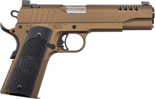 Picture of Auto-Ordnance 1911 45 ACP 7+1 5" Stainless Steel Barrel, Serrated Stainless Steel Slide, Burnt Bronze Cerakote Steel Frame w/Beavertail, Armor Black Cerakote Engraved Aluminum Grip 1911TCAC10