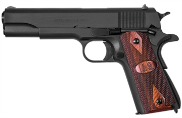 Picture of Auto Ordnance 1911A1, Semi-automatic, Metal Frame Pistol, Full Size, 9MM, 5" Barrel, Steel, Black, Wood Grips, Blade Front Sight/ Adjustable Rear Sight, Thumb and Grip Safety, 9 Rounds, 1 Magazine, GI Specs 1911BKO9W