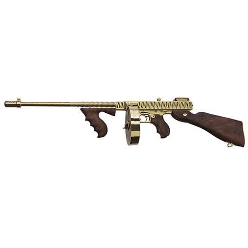 Picture of Thompson 1927A-1 Deluxe 45 ACP Caliber with 16.50" Barrel, 20+1 Capacity (Stick), 50+1 Capacity (Drum), Gold w/Tiger Stripe Metal Finish, American Walnut Stock Wood Grip Right Hand T150DTGTS