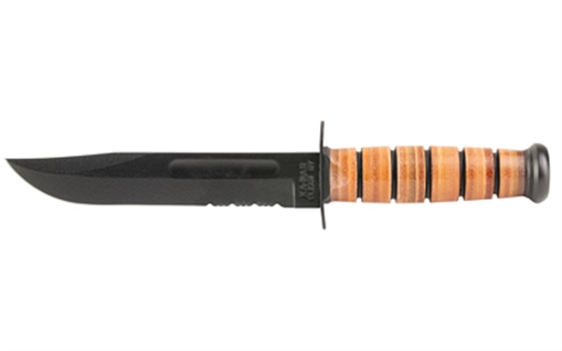 Picture of KA-BAR Knives KA-BAR, Army, Fixed Blade Knife, 7" Blade Length, 11.875" Overall Length, Clip Point, Partially Serrated Edge, 1095 Cro-Van/Black, Brown Leather Stacked Handle, Leather Sheath, Clamshell Packaging 1219CP