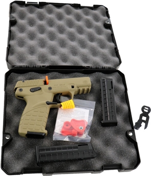 Picture of Kel-Tec P17 Compact Frame 22 LR 16+1 3.80" Black Steel Threaded Barrel, Tan Serrated Slide, Tan w/Black Controls Polymer Frame w/Picatinny Rail, Textured Grip, Ambidextrous P17TAN