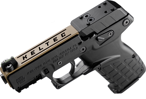 Picture of Kel-Tec P17 Sports South Exclusive 22 LR 16+1 3.80" Black Steel Barrel, Tan Optic Ready/Serrated Slide, Black Polymer Frame w/Picatinny Rail, Textured Grip P17BBLKORTANS