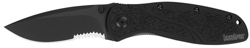 Picture of Kershaw Blur 3.40" Folding Drop Point w/Recurve Part Serrated Black DLC 14C28N Steel Blade Black Anodized Aluminum Handle Includes Pocket Clip 1670BLKST
