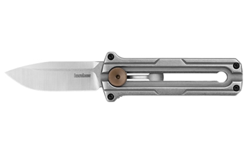 Picture of Kershaw Cybernet, Folding Knife, Out the Front, Plain Edge, D2 Blade Steel, Satin Finish, Silver, Stainless Steel Handle, Sliding Button Lock, 2.4" Blade, 5.95" Overall Length, Includes Pocket Clip 2046