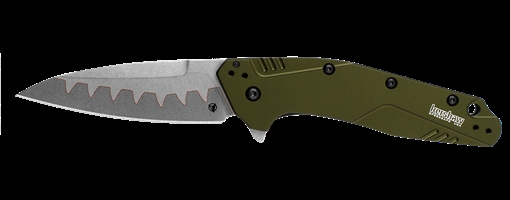 Picture of Kershaw Dividend, Folding Knife/Assisted, Drop Point, Plain Edge, 3" Composite with D2 Cutting Edge and N690 Upper, Olive Anodized Aluminum 6061-T6 Handle 1812OLCB