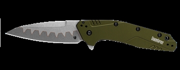 Show details for Kershaw Dividend, Folding Knife/Assisted, Drop Point, Plain Edge, 3" Composite with D2 Cutting Edge and N690 Upper, Olive Anodized Aluminum 6061-T6 Handle 1812OLCB Picture of Kershaw Dividend, Folding Knife/Assisted, Drop Point, Plain Edge, 3" Composite with D2 Cutting Edge and N690 Upper, Olive Anodized Aluminum 6061-T6 Handle 1812OLCB