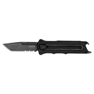 Picture of Kershaw Interstellar 2.70" OTF Tanto Part Serrated Black Oxide Blackwash 8Cr13MoV SS Blade, Black Textured w/Bottle Opener Glass-Filled Nylon Handle, Includes Pocket Clip 1195
