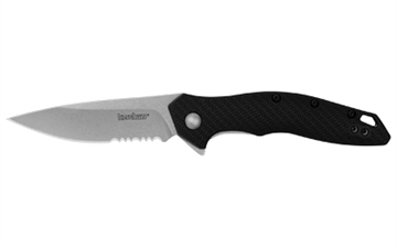 Picture of Kershaw Shoreline, Folding Knife, Assisted Oppening, 3" Spear Point Blade, Combination Edge, 8Cr13MoV Blade Steel, 7.1" Overall Length, Liner Lock, Stone Washed Finish, Silver, Black Glass Filled Nylon Handle 1845ST
