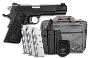 Picture of Kimber America Custom LW, Semi-automatic, 1911, Metal Frame Pistol, Full Size, 45ACP, 5" Barrel, Matte Finish, Black, Rubber Grips, 3-Dot Fixed Sights, 3 Magazines, 7 Rounds, Includes Mission First Holster and Range Bag 3700812