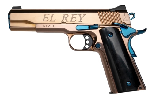 Picture of KIMBER 1911 EL REY 38SUP 9RD 5IN BARREL ENGRAVED ROSE GOLD BLUE ACCENTS BLACK GRIPS 10231