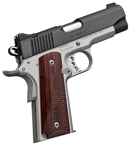 Picture of Kimber Mfg, Inc Pro Carry II 45 ACP 7+1 4" Stainless Match Grade Barrel, Matte Black Brushed Serrated Steel Slide, Satin Silver Aluminum Frame w/Beavertail, Rosewood Grip 3200320