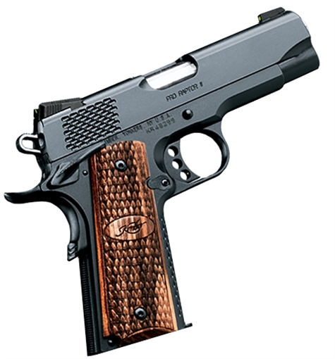 Picture of Kimber Mfg, Inc Raptor II Pro 45 ACP 8+1 4" Stainless Match Grade Barrel, Matte Black Serrated Steel Slide, Matte Black Steel Frame w/Beavertail, Zebrawood Grip 3200118