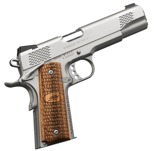 Picture of Kimber America Stainless Raptor II, 1911, Semi-automatic, Metal Frame Pistol, Full Size, 45 ACP, 5" Barrel, Carbon Steel Match Grade Barrel, Stainless Steel, Satin Finish, Silver, Zebrawood Grips, Tritium Night Sights, Ambidextrous Manual Safety, 8 Rounds, Ambidextrous 3200181