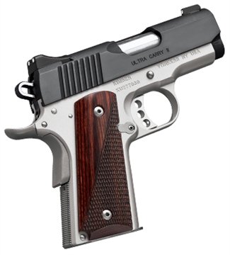 Picture of Kimber America Ultra Carry II Two-Tone, 1911, Semi-automatic, Metal Frame Pistol, Sub-Compact, 9MM, 3" Barrel, Stainless Steel Match Grade Barrel, Aluminum, Satin Finish, Black Slide, Silver Frame, Rosewood Grips, White Dot Sights, Manual Safety, 8 Rounds, Right Hand 3200332