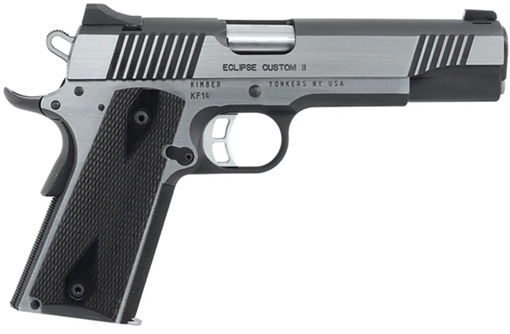 Picture of Kimber America Eclipse Custom II Cali, 1911, Semi-automatic, Metal Frame Pistol, Full Size, 10MM, 5" Barrel, Carbon Steel Match Grade Barrel, Stainless Steel, Brushed Finish, Silver, Laminate Gray/Black Grips, Tritium Night Sights, Manual Safety, 8 Rounds, Right Hand, California Compliant 3200122CA
