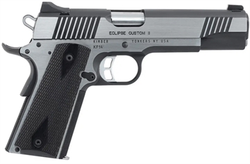Picture of Kimber America Eclipse Custom II Cali, 1911, Semi-automatic, Metal Frame Pistol, Full Size, 10MM, 5" Barrel, Carbon Steel Match Grade Barrel, Stainless Steel, Brushed Finish, Silver, Laminate Gray/Black Grips, Tritium Night Sights, Manual Safety, 8 Rounds, Right Hand, California Compliant 3200122CA