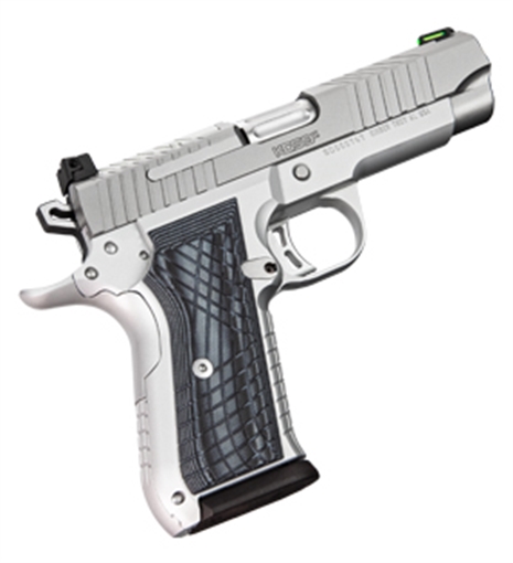 Picture of Kimber America KDS9c, 1911, Semi-automatic, Single Action, Aluminum Frame Pistol, Compact, 9MM, 4" Fluted Barrel, Matte Finish, Silver, G10 Grips, Optics Ready, Adjustable Rear Sight With Fiber Optic Front, 15 Rounds, 2 Magazines 3100012