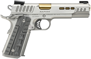 Picture of Kimber America Rapide Dawn, Semi-automatic, 1911, Full Size, 45 ACP, 5" Barrel, Gold TiN Finish, Brushed Stainless Finish, Silver, TRUGLO TFX Tritium/Fiber-Optic Day/Night Sights, Black/Gray G10 Grips, Manual Safety, 8 Rounds, 1 Magazine, California Compliant 3000423CA